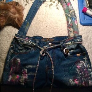 Artistic Blue Denim Crossbody Bag with Paint-Splatter Detail